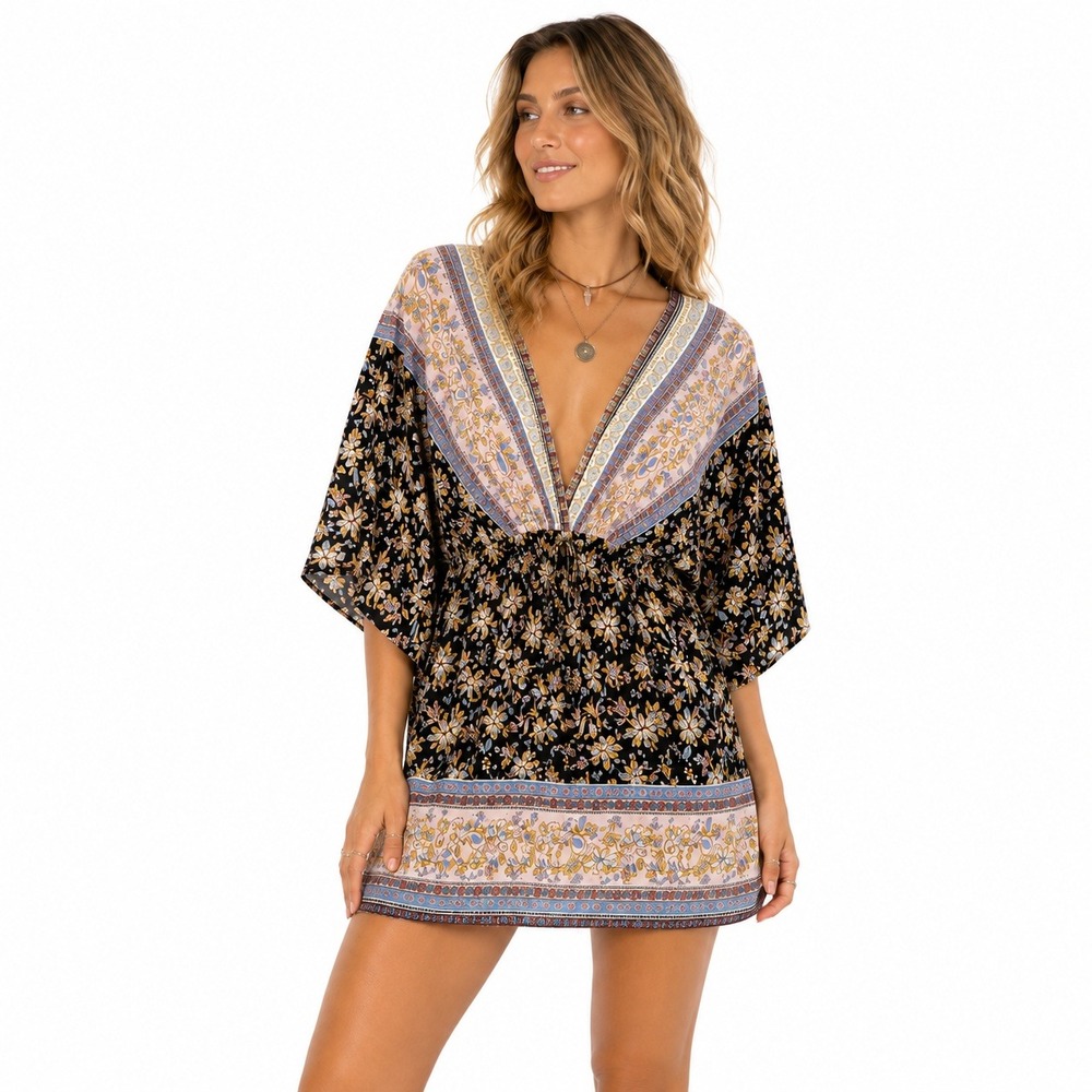 Hyfve Floral Border Print Kimono Sleeve Mini Dress Black Elastic Waist Size M